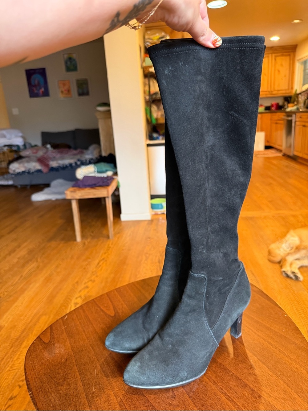Aquatalia Women’s Rhumba Black Suede Knee Boots with Heel